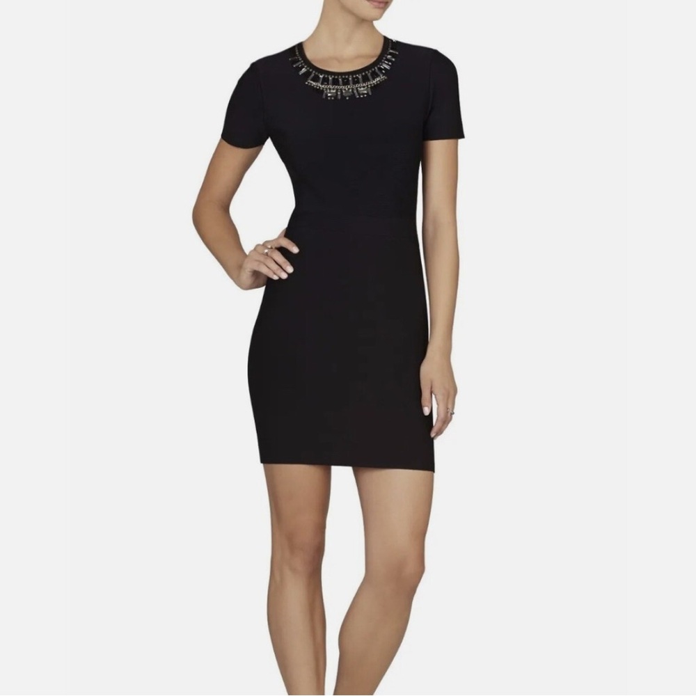BCBGMaxAzria Kaylen Embellished Back Cut Out Mini Dress | Black | Size Large